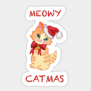 Cute orange stripped tabby kitty Kawaii Meowy christmas wearing a Santa hat. Sticker